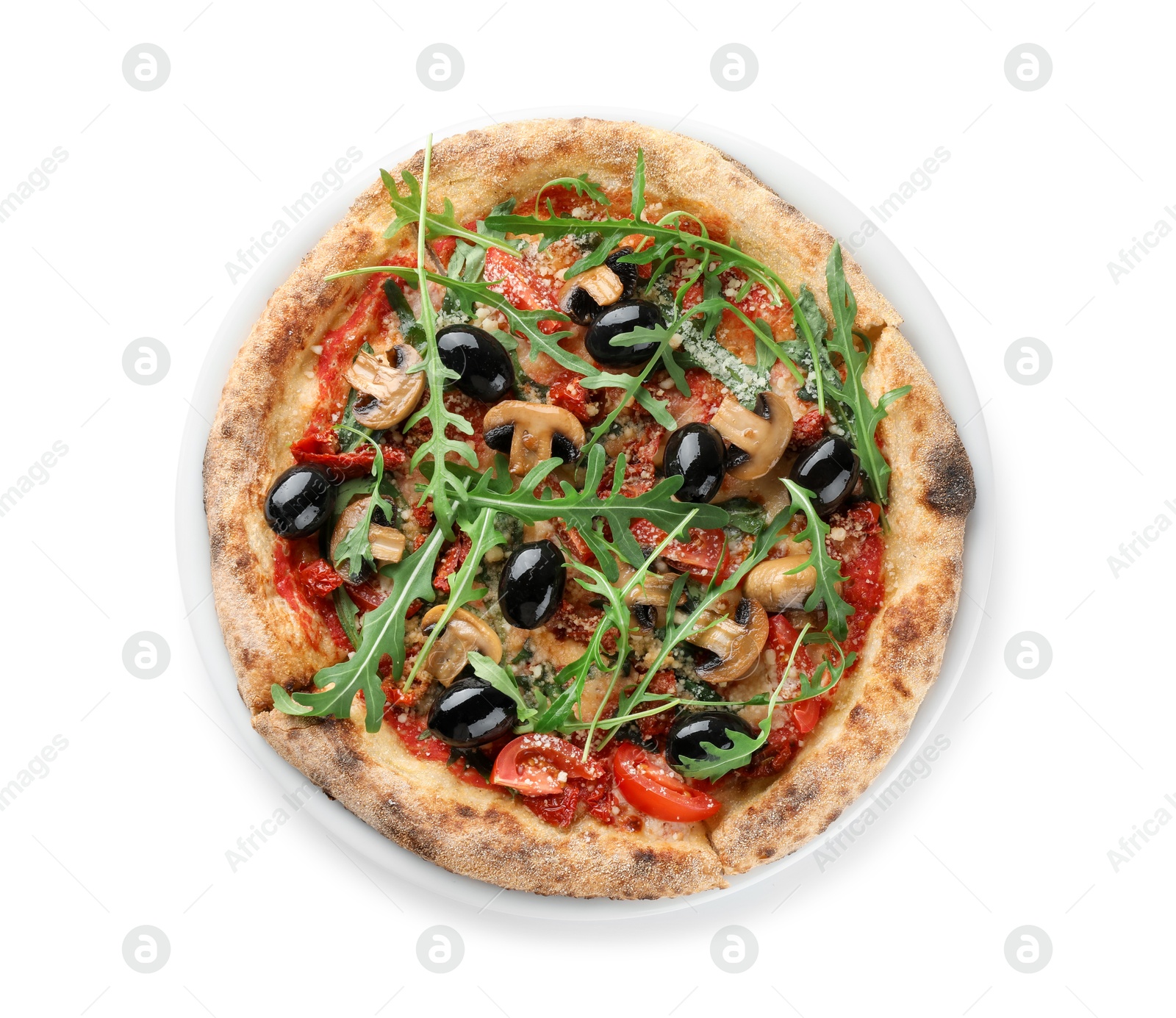 Photo of Tasty pizza with mushrooms, black olives and arugula isolated on white, top view