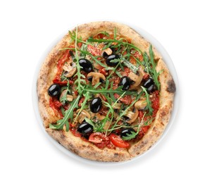 Photo of Tasty pizza with mushrooms, black olives and arugula isolated on white, top view