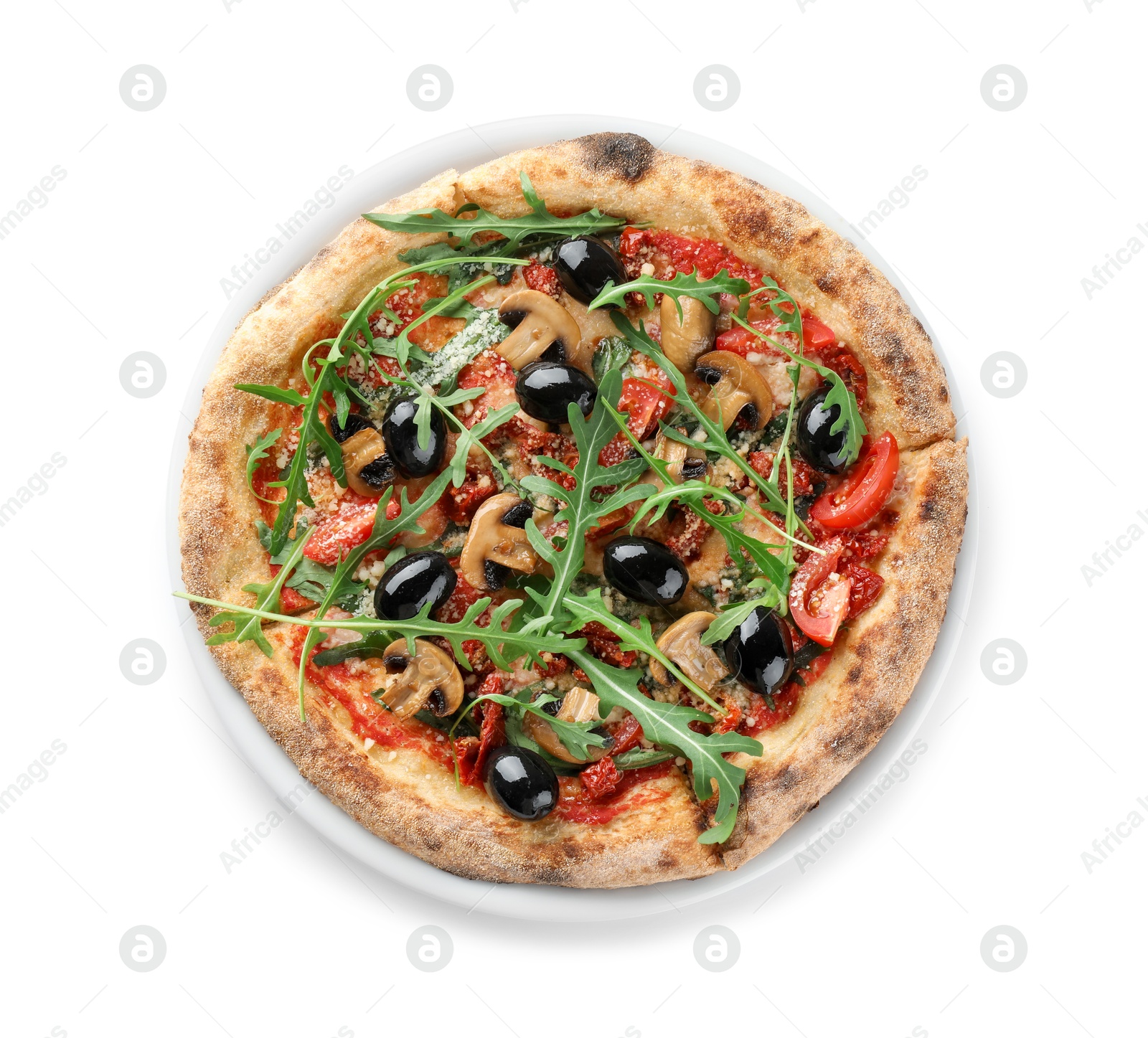 Photo of Tasty pizza with mushrooms, black olives and arugula isolated on white, top view