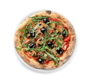 Tasty pizza with mushrooms, black olives and arugula isolated on white, top view