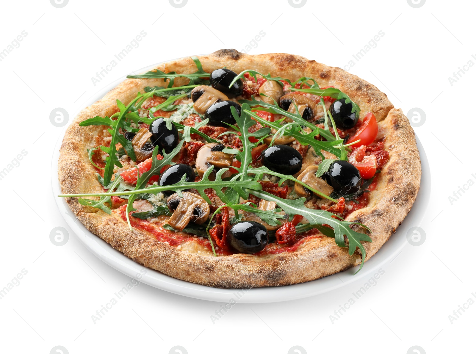 Photo of Tasty pizza with mushrooms, black olives and arugula isolated on white