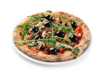 Tasty pizza with mushrooms, black olives and arugula isolated on white