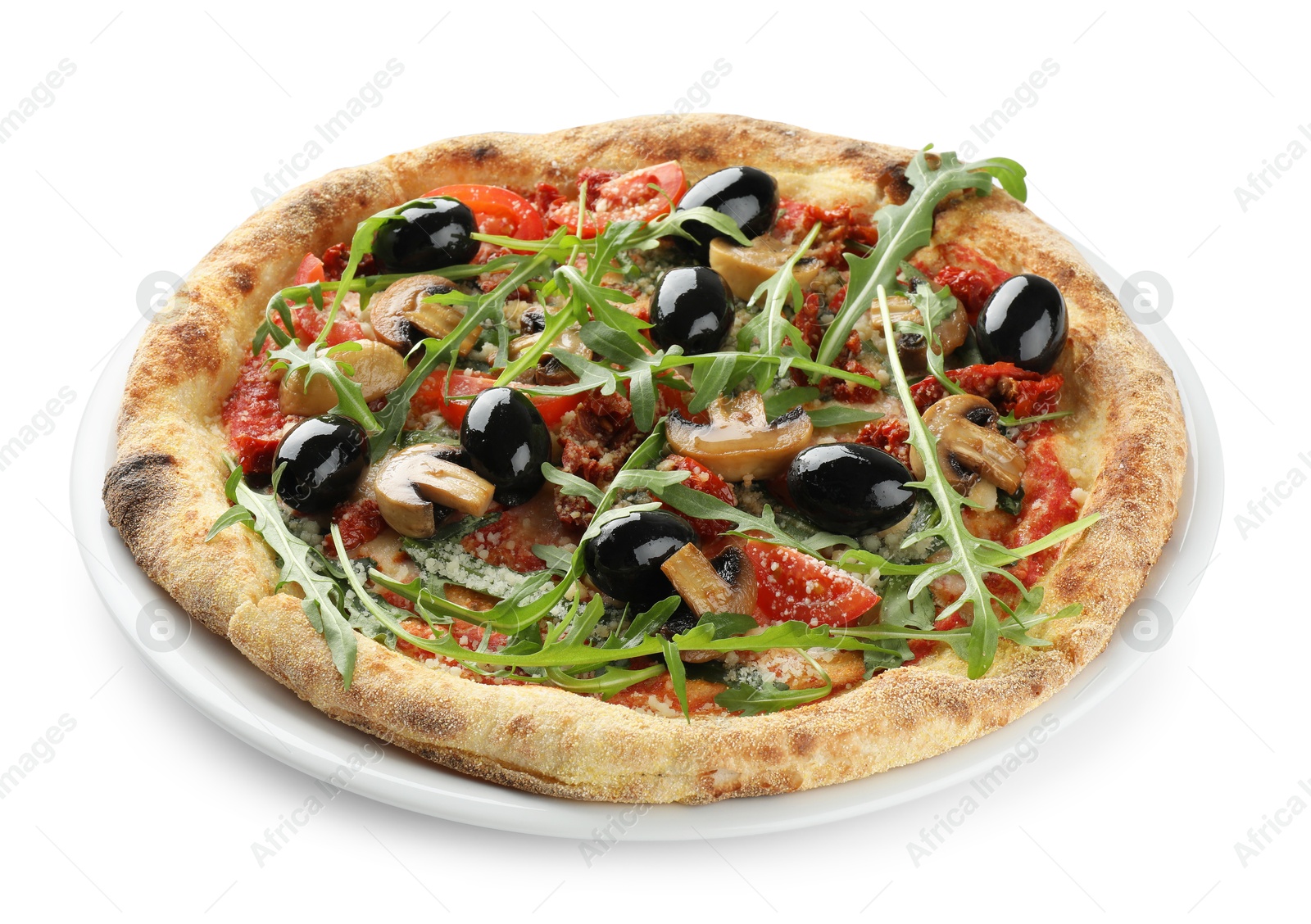 Photo of Tasty pizza with mushrooms, black olives and arugula isolated on white