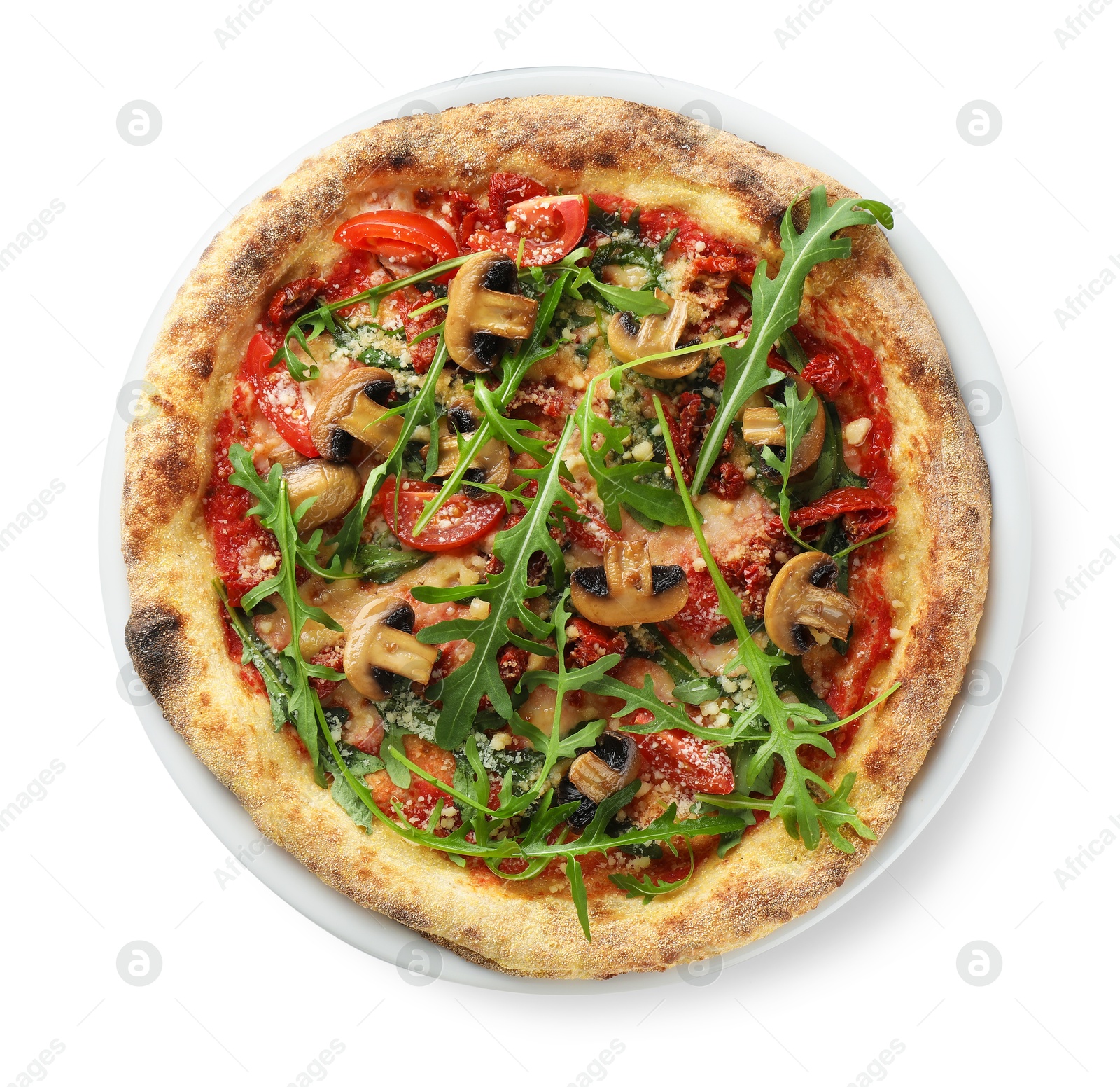 Photo of Tasty pizza with mushrooms, tomatoes and arugula isolated on white, top view