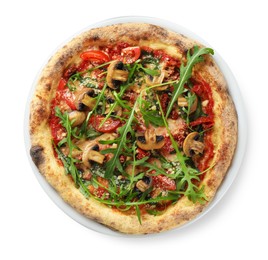 Photo of Tasty pizza with mushrooms, tomatoes and arugula isolated on white, top view