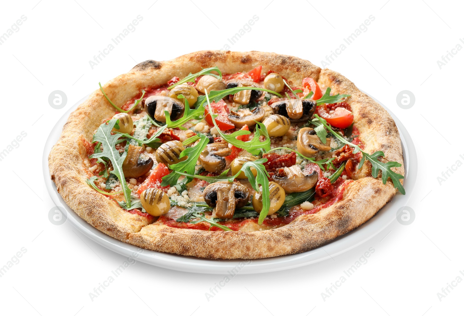 Photo of Tasty pizza with mushrooms, olives and arugula isolated on white