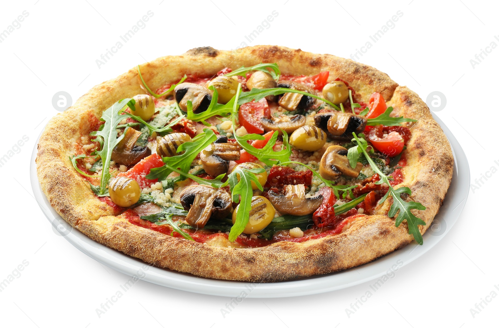 Photo of Tasty pizza with mushrooms, olives and arugula isolated on white