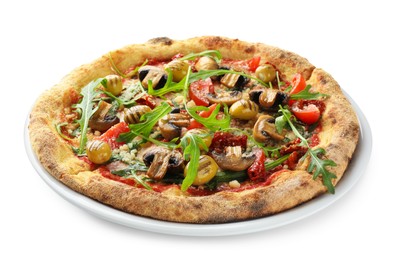 Tasty pizza with mushrooms, olives and arugula isolated on white