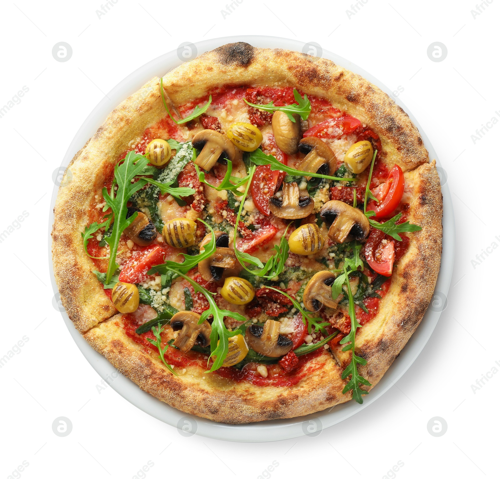 Photo of Tasty pizza with mushrooms, olives and arugula isolated on white, top view