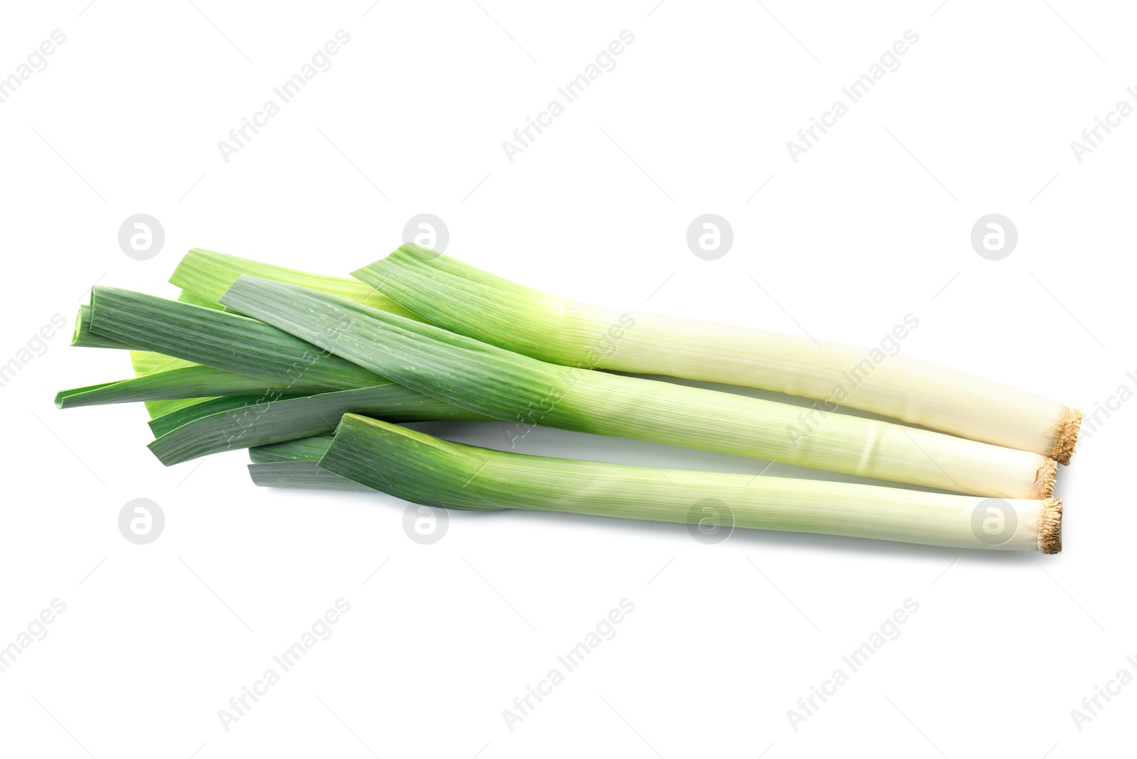 Photo of Fresh leeks isolated on white, top view. Spicy vegetable