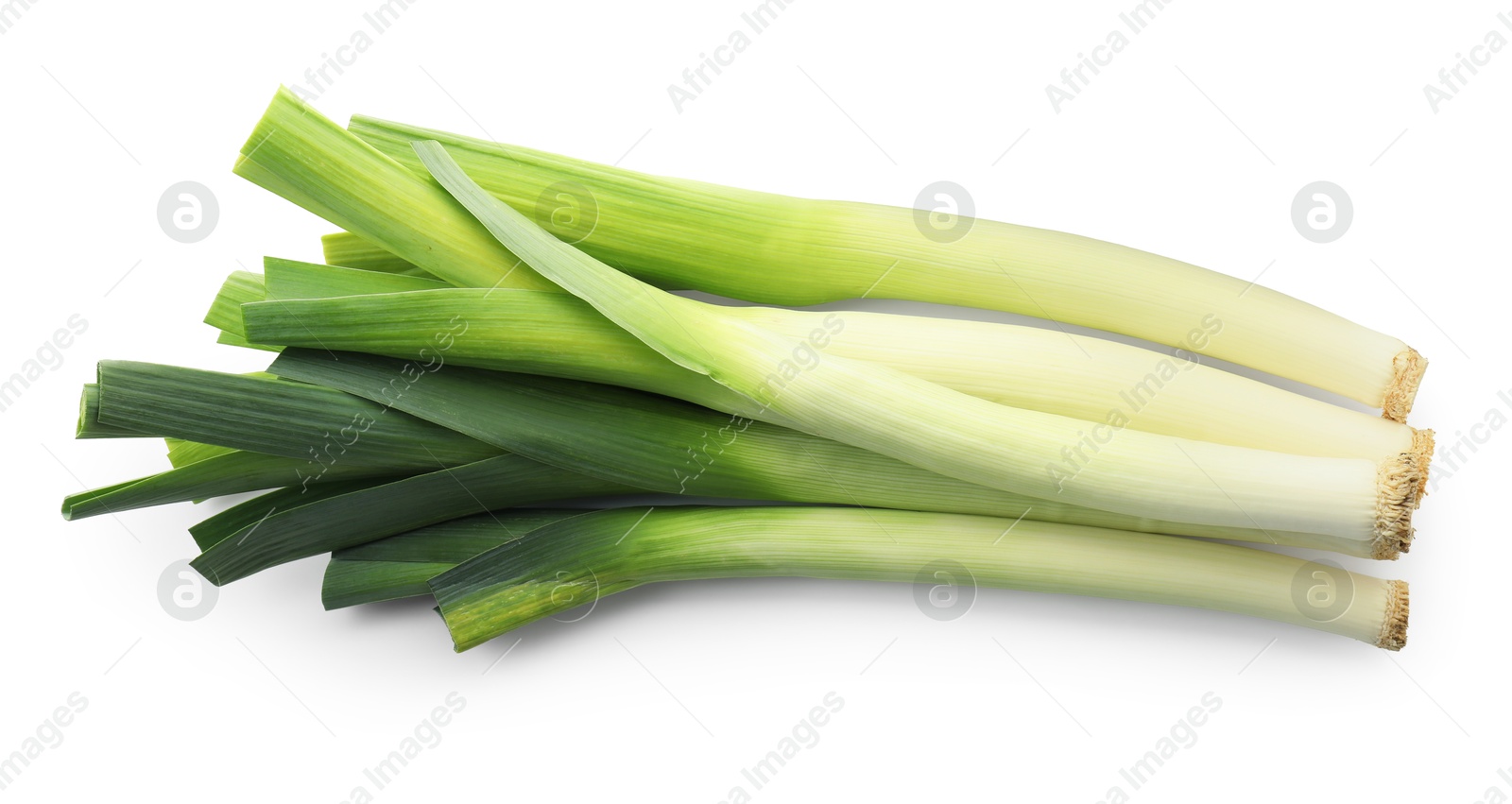 Photo of Fresh leeks isolated on white, top view. Spicy vegetable