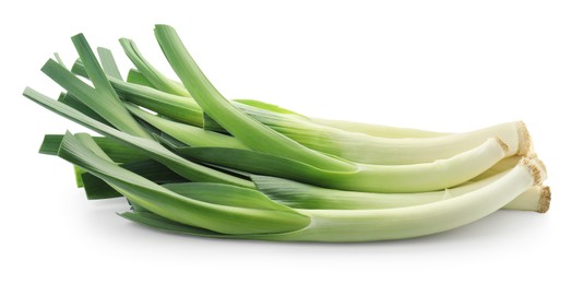 Photo of Fresh leeks isolated on white. Spicy vegetable