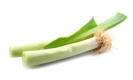 Photo of Fresh leeks isolated on white. Spicy vegetable