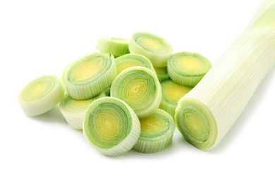 Photo of Whole and cut leeks isolated on white