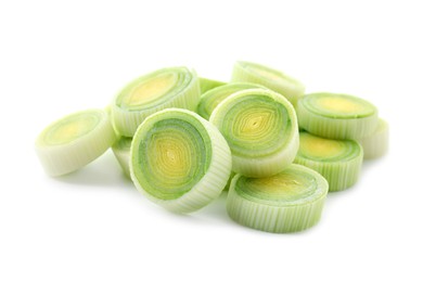 Photo of Pieces of fresh leeks isolated on white