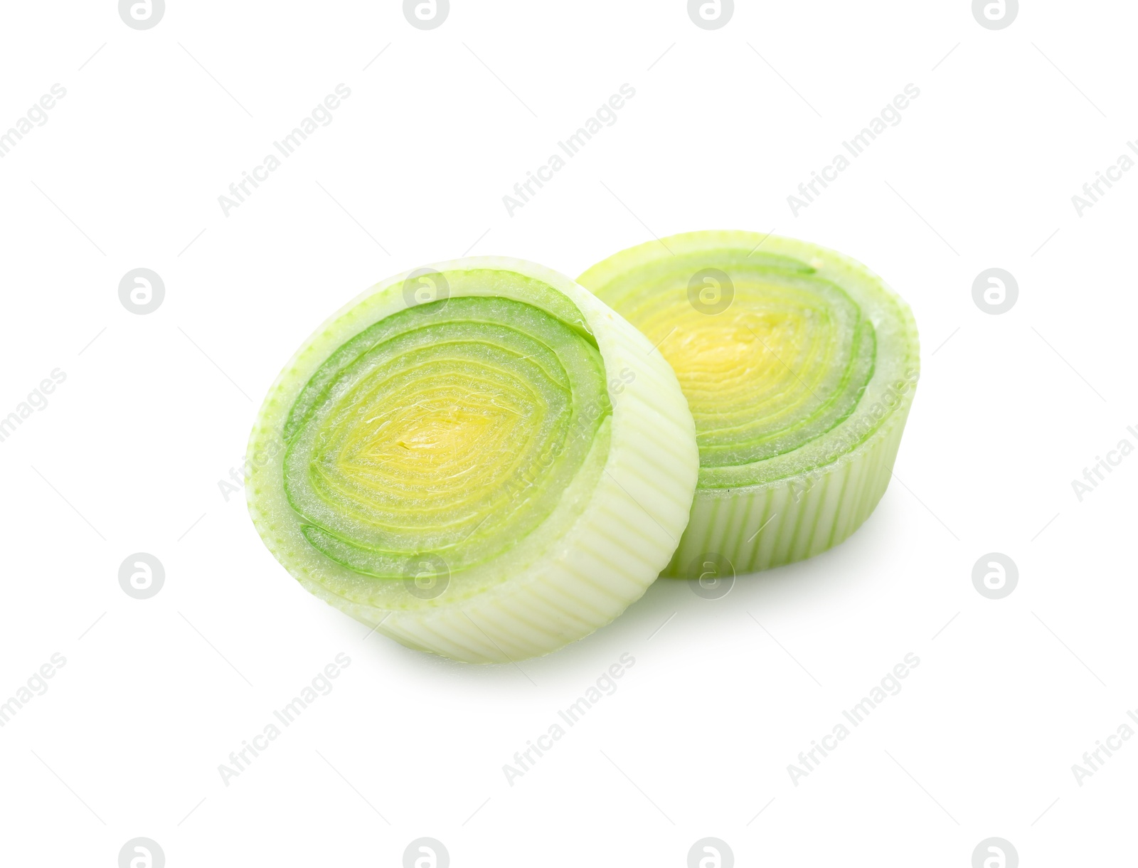 Photo of Pieces of fresh leeks isolated on white