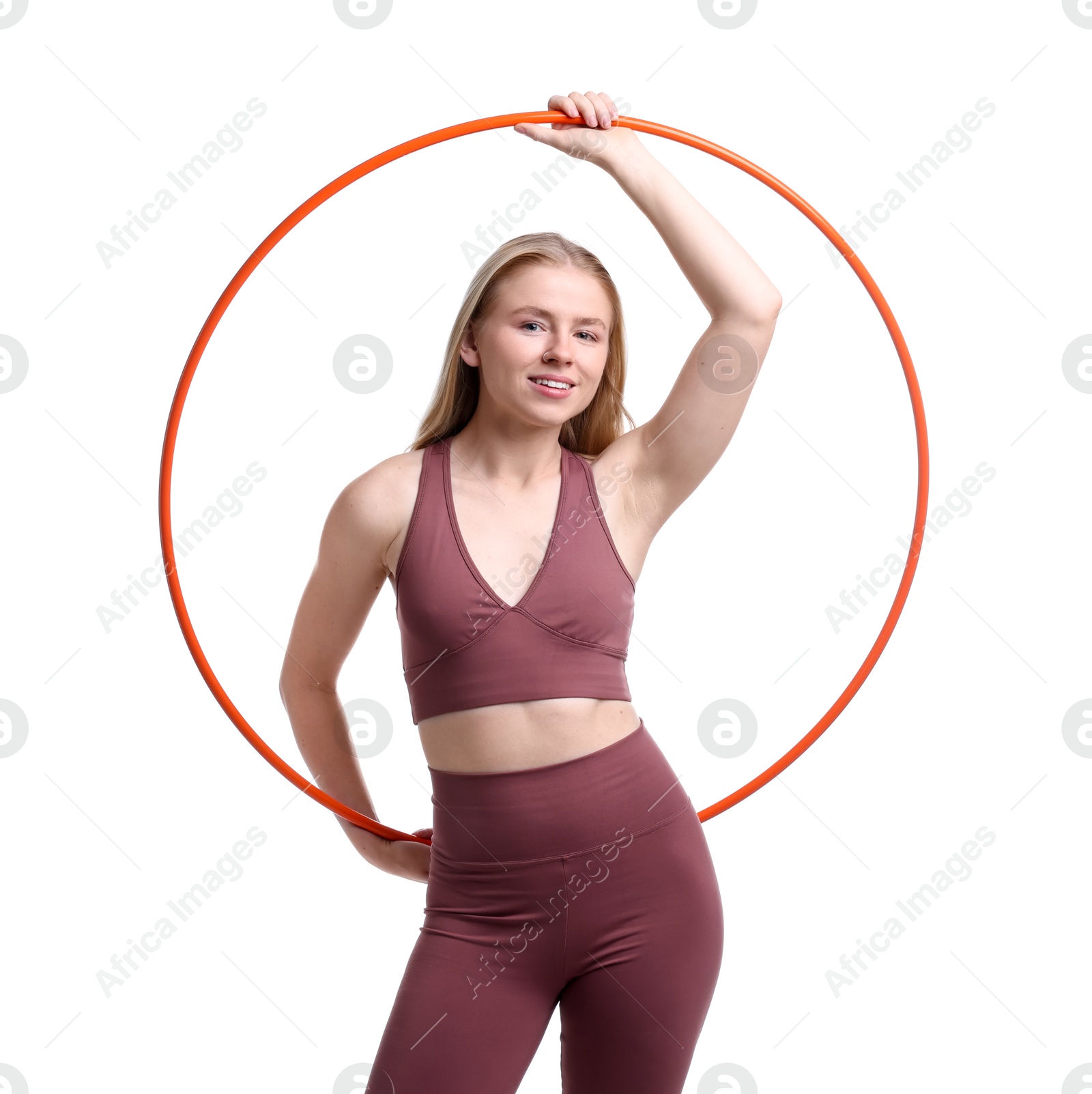 Photo of Beautiful young woman with hula hoop isolated on white