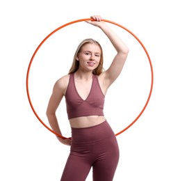 Photo of Beautiful young woman with hula hoop isolated on white