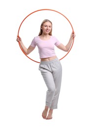 Photo of Beautiful young woman with hula hoop isolated on white