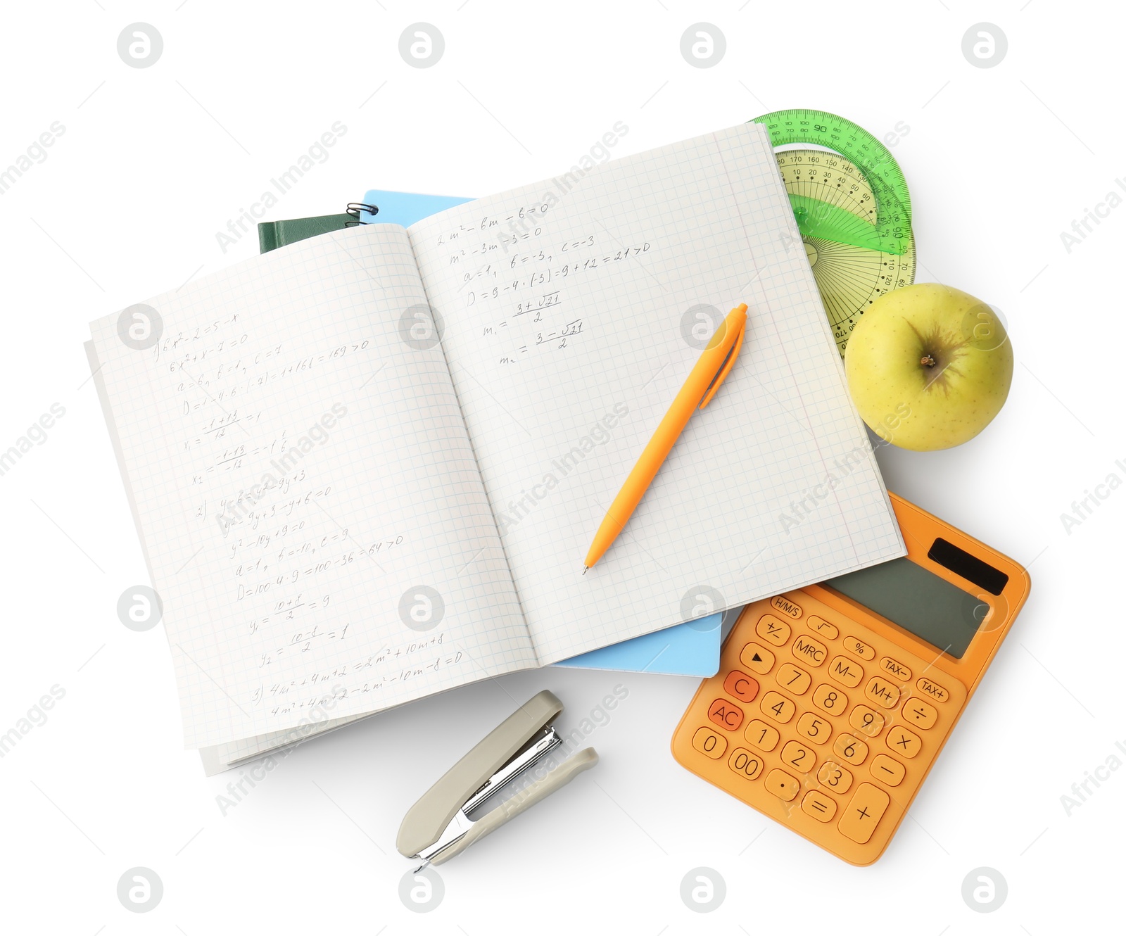 Photo of Doing homework. Notebook with math assignment, apple and stationery on white background, top view