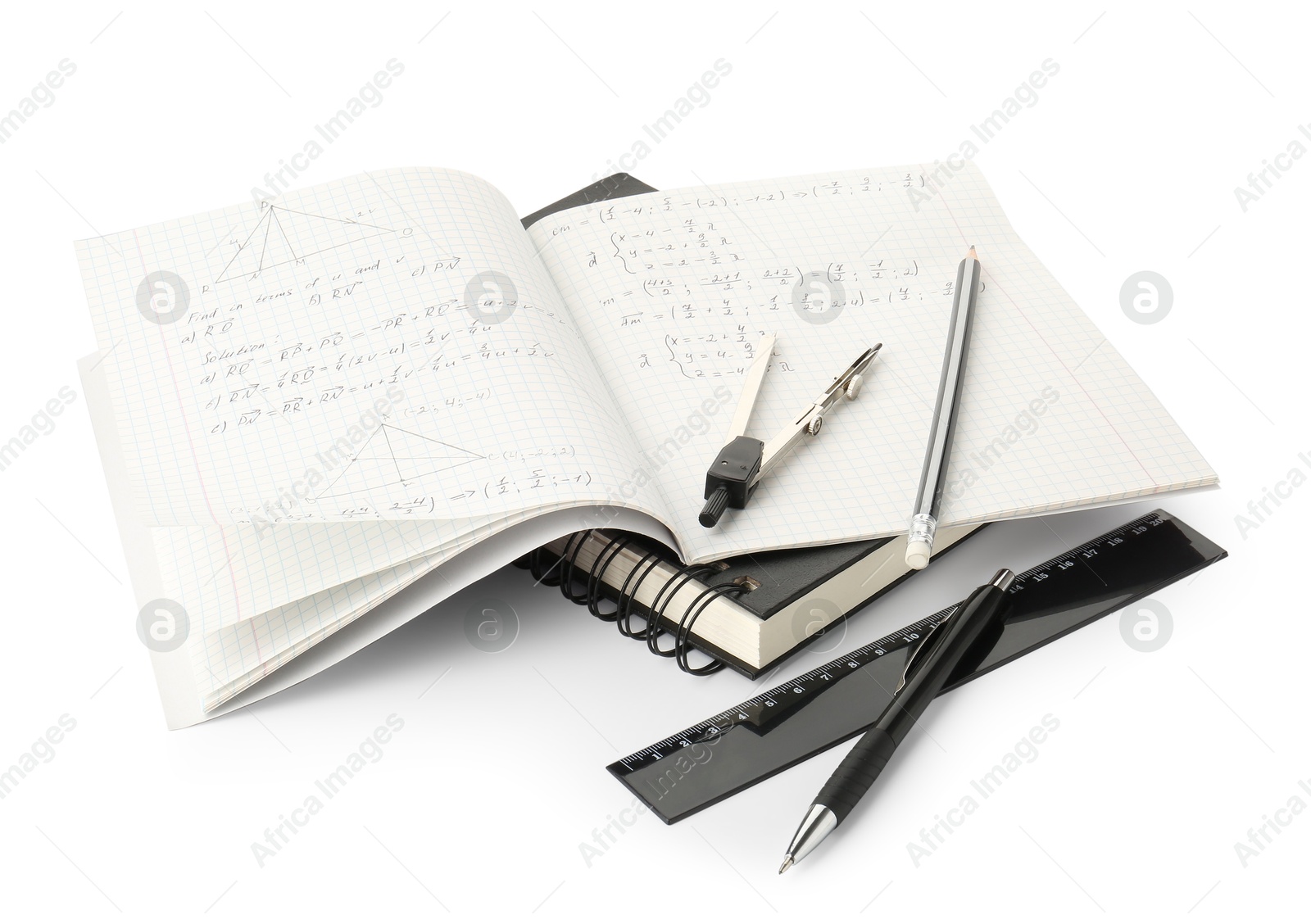 Photo of Doing homework. Notebook with math assignment and stationery on white background