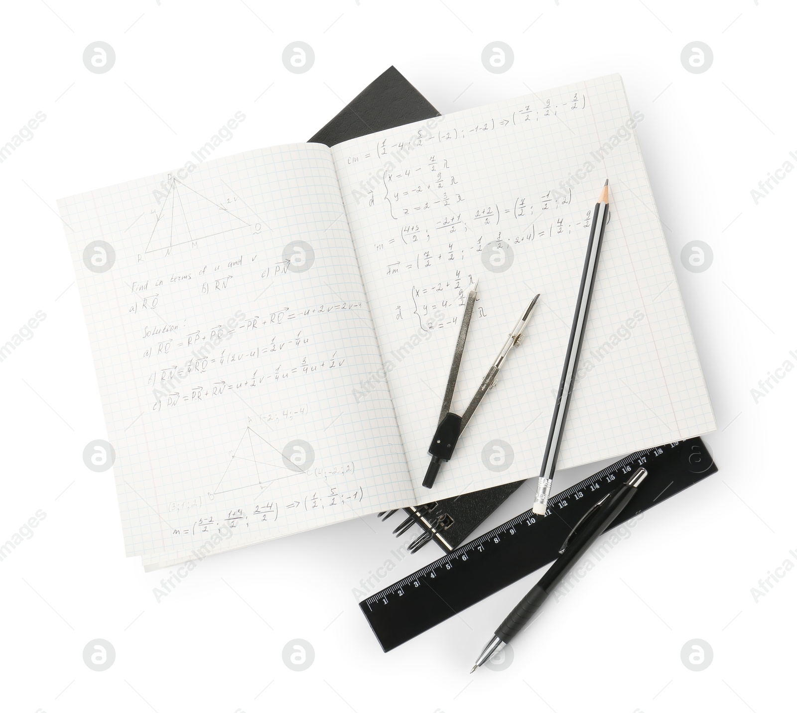 Photo of Doing homework. Notebook with math assignment and stationery on white background, top view