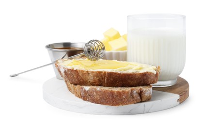 Photo of Slices of bread with butter, honey and milk isolated on white