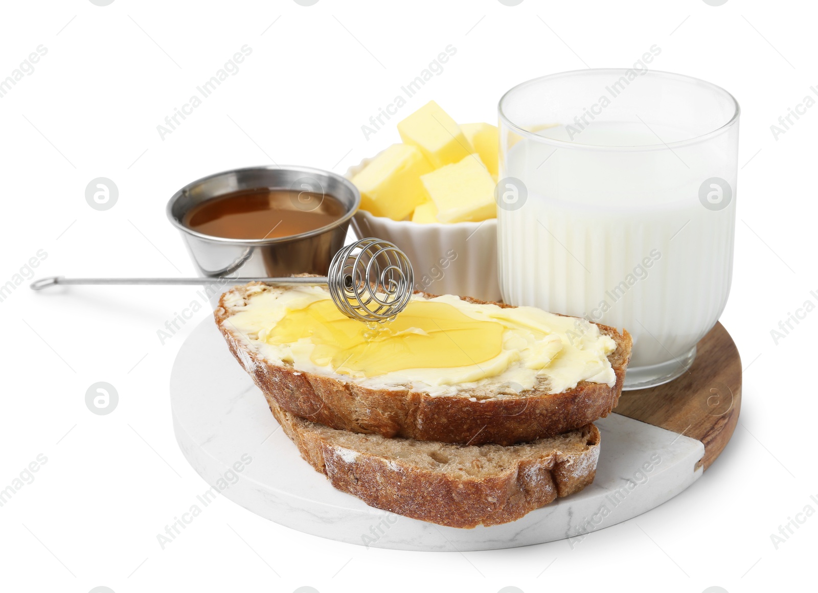 Photo of Slices of bread with butter, honey and milk isolated on white