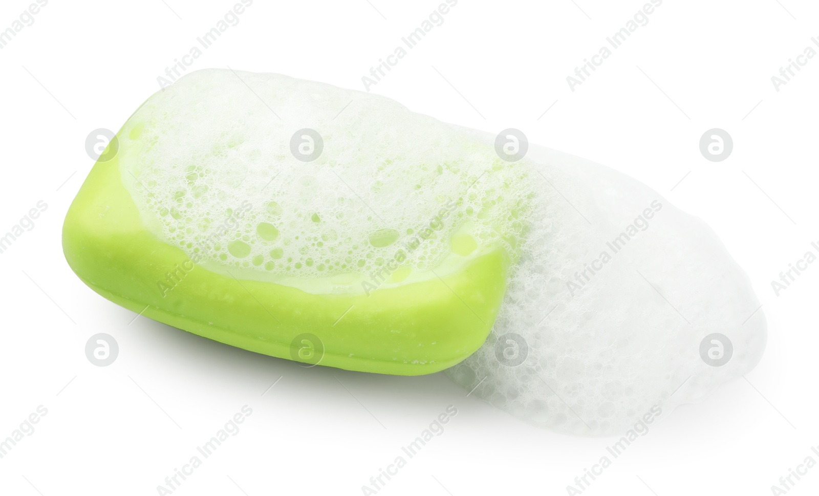 Photo of Green soap with foam on white background