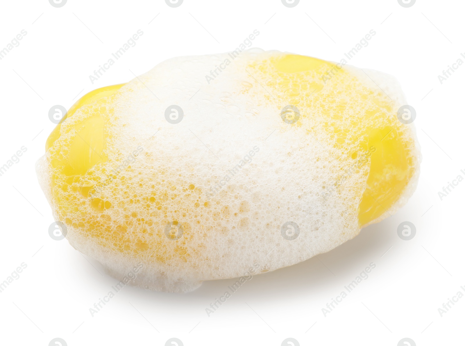 Photo of Yellow soap with foam on white background