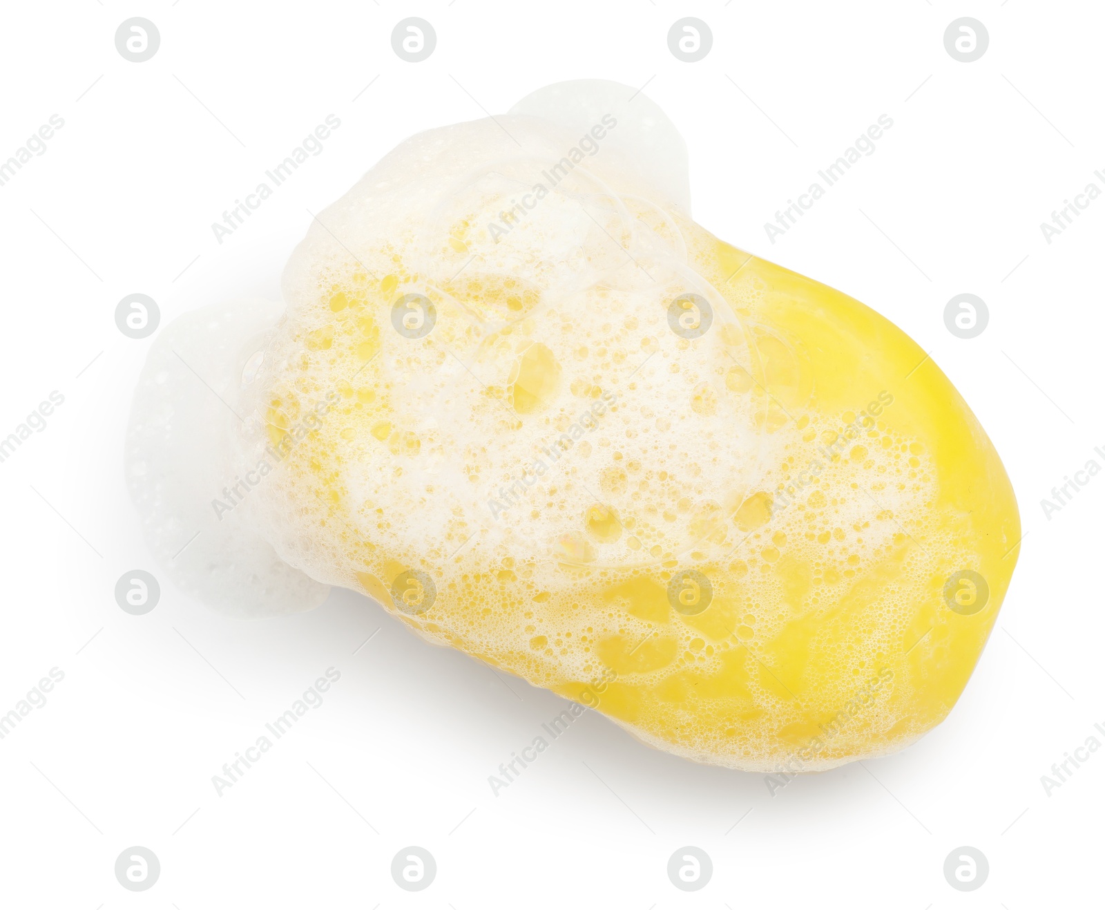 Photo of Yellow soap with foam on white background, above view