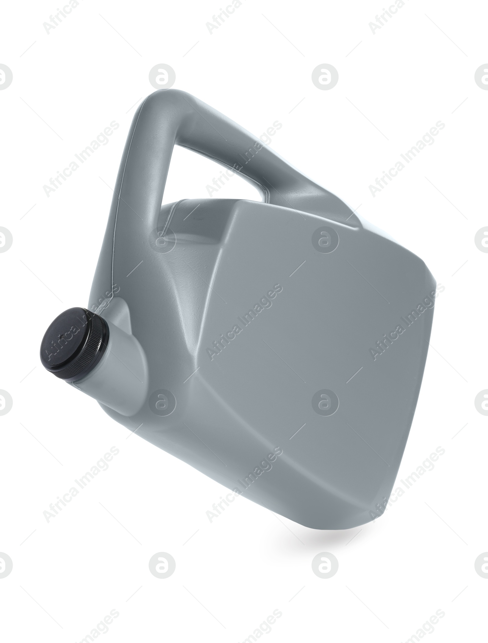 Photo of One grey plastic canister in air on white background