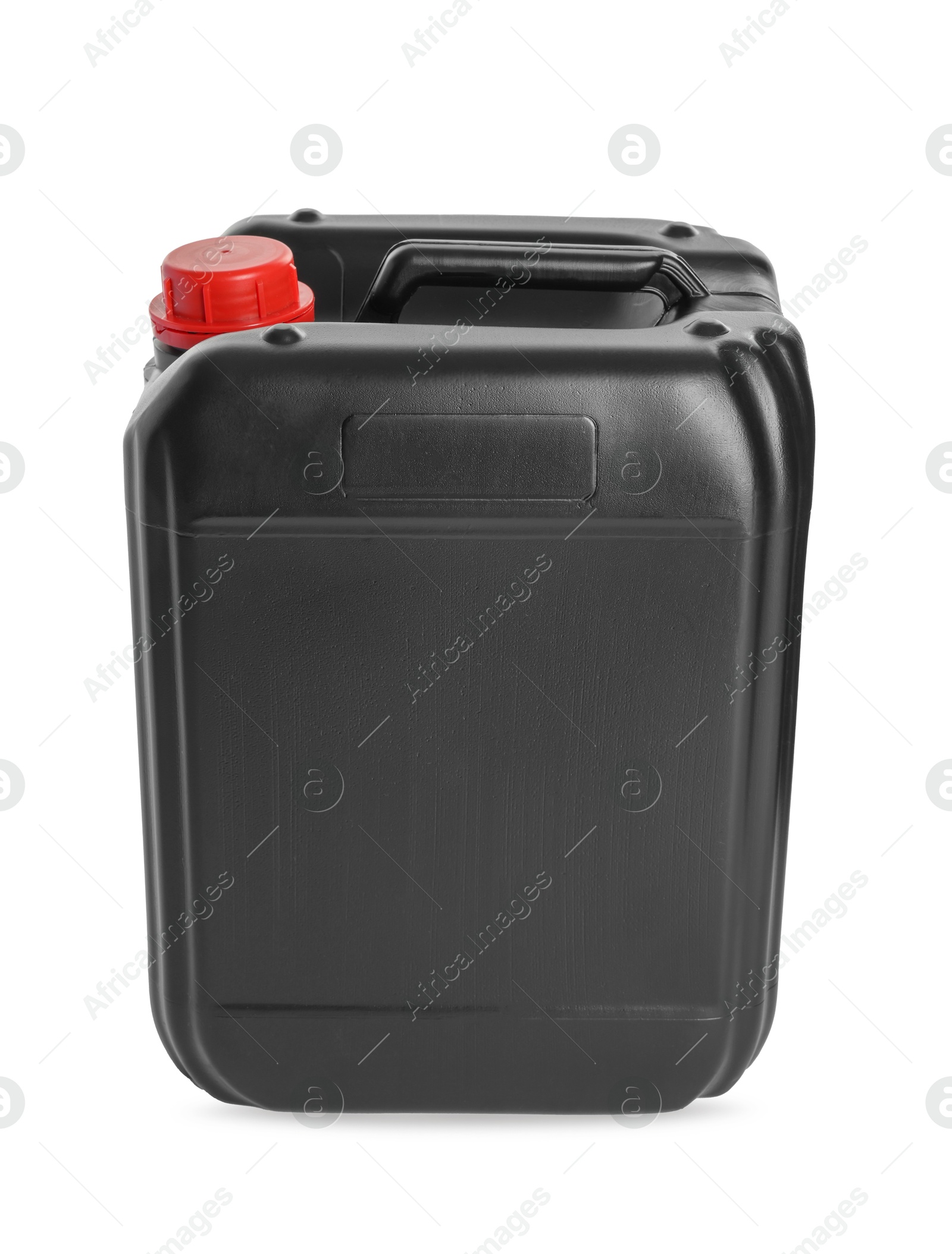 Photo of One black plastic canister on white background