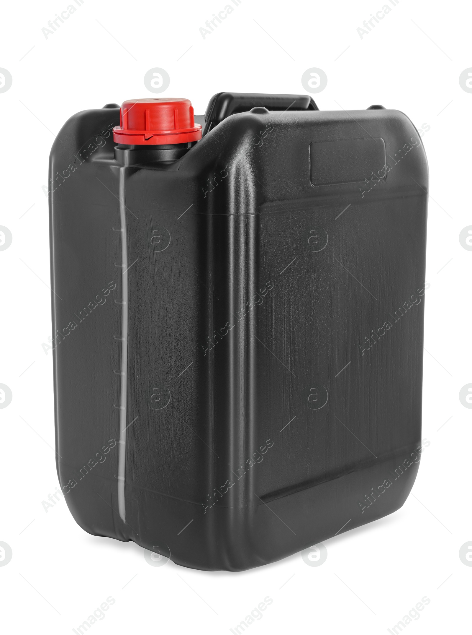 Photo of One black plastic canister on white background