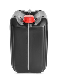 Photo of One black plastic canister on white background