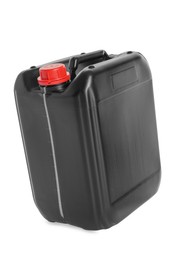 Photo of One black plastic canister in air on white background