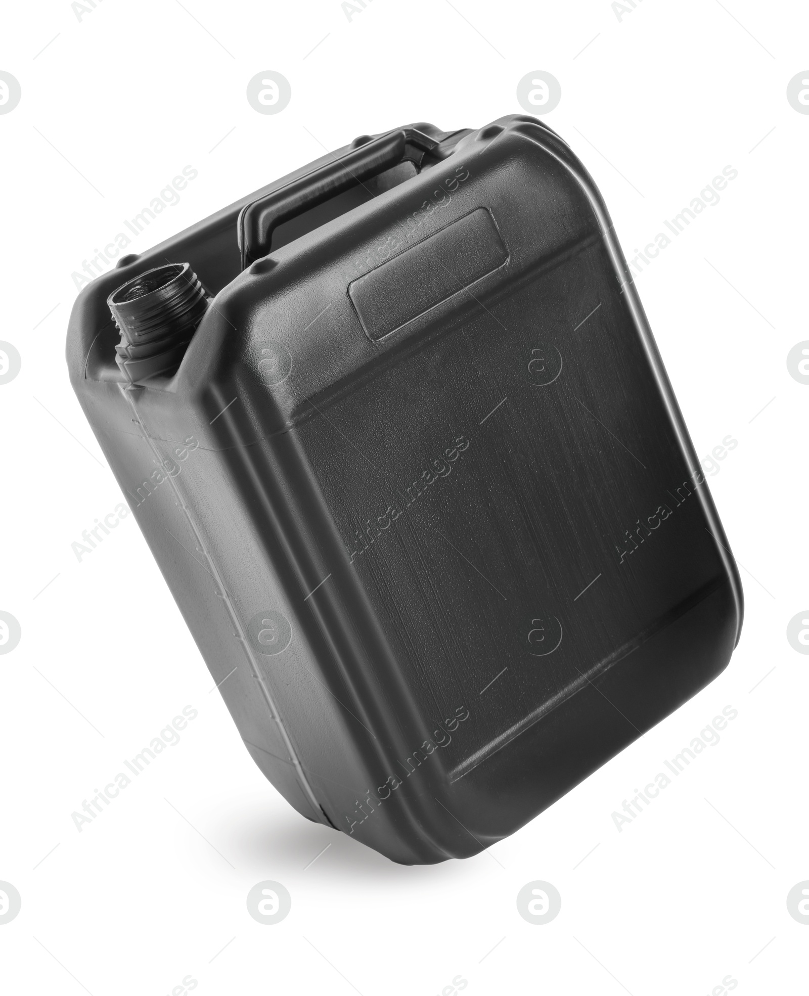 Photo of One black plastic canister in air on white background