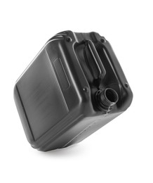 Photo of One black plastic canister in air on white background