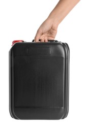 Photo of Woman with black plastic canister on white background, closeup