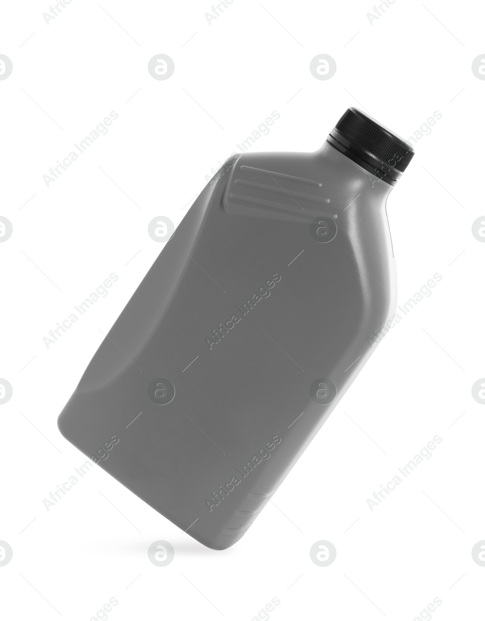 Photo of One grey plastic canister in air on white background