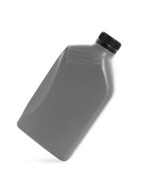 Photo of One grey plastic canister in air on white background