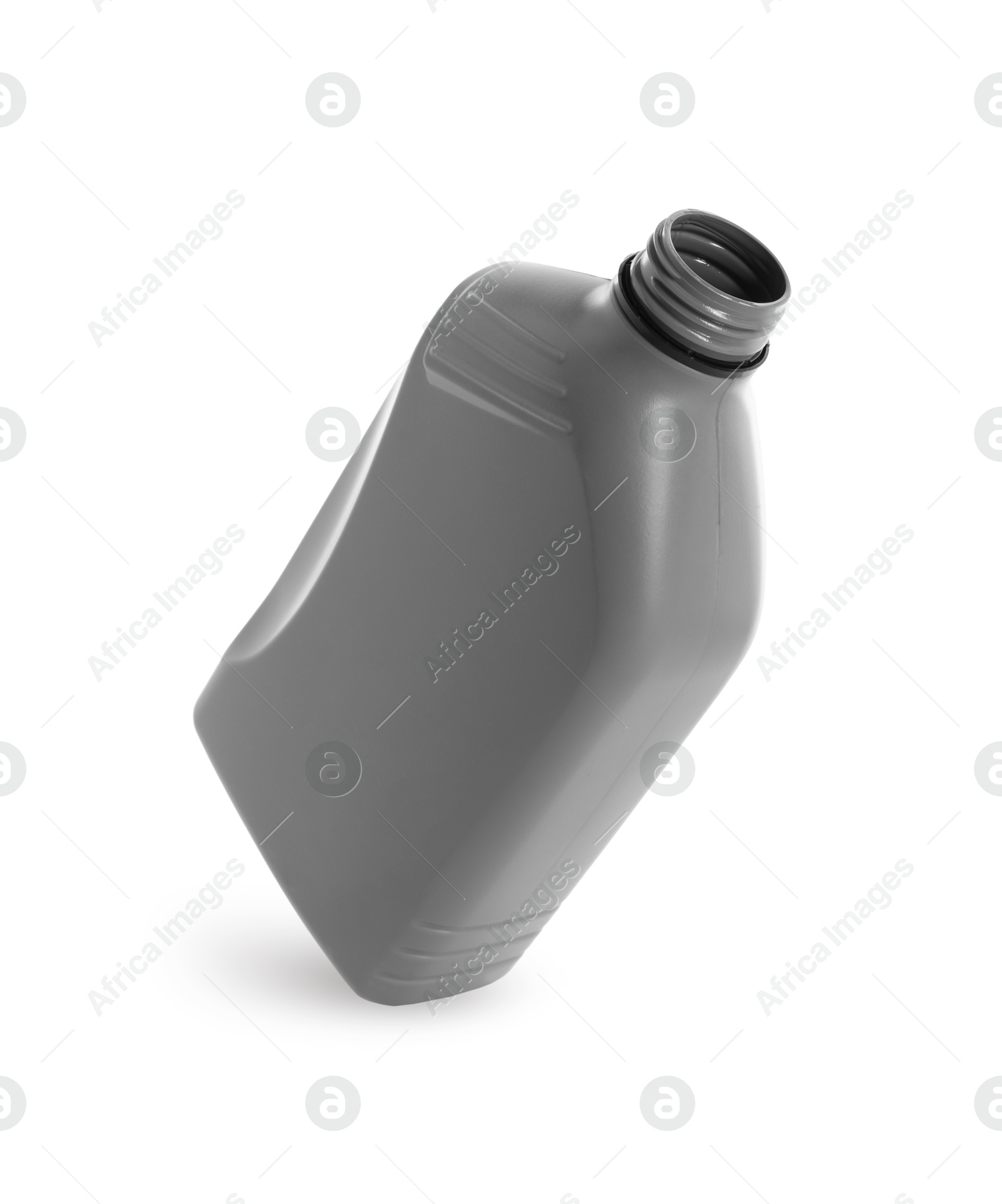 Photo of One grey plastic canister in air on white background