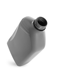 Photo of One grey plastic canister in air on white background