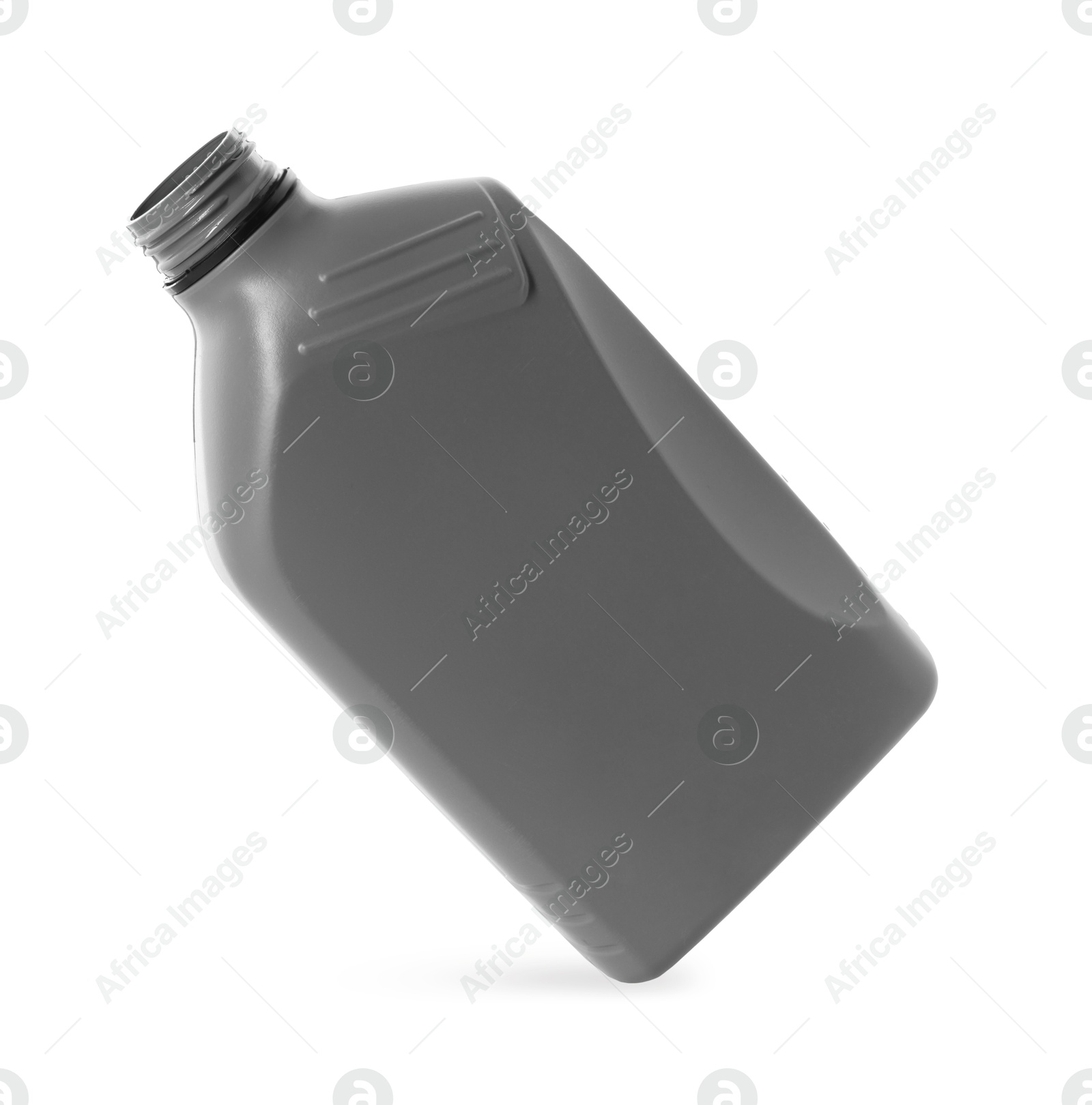 Photo of One grey plastic canister in air on white background