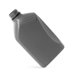 Photo of One grey plastic canister in air on white background