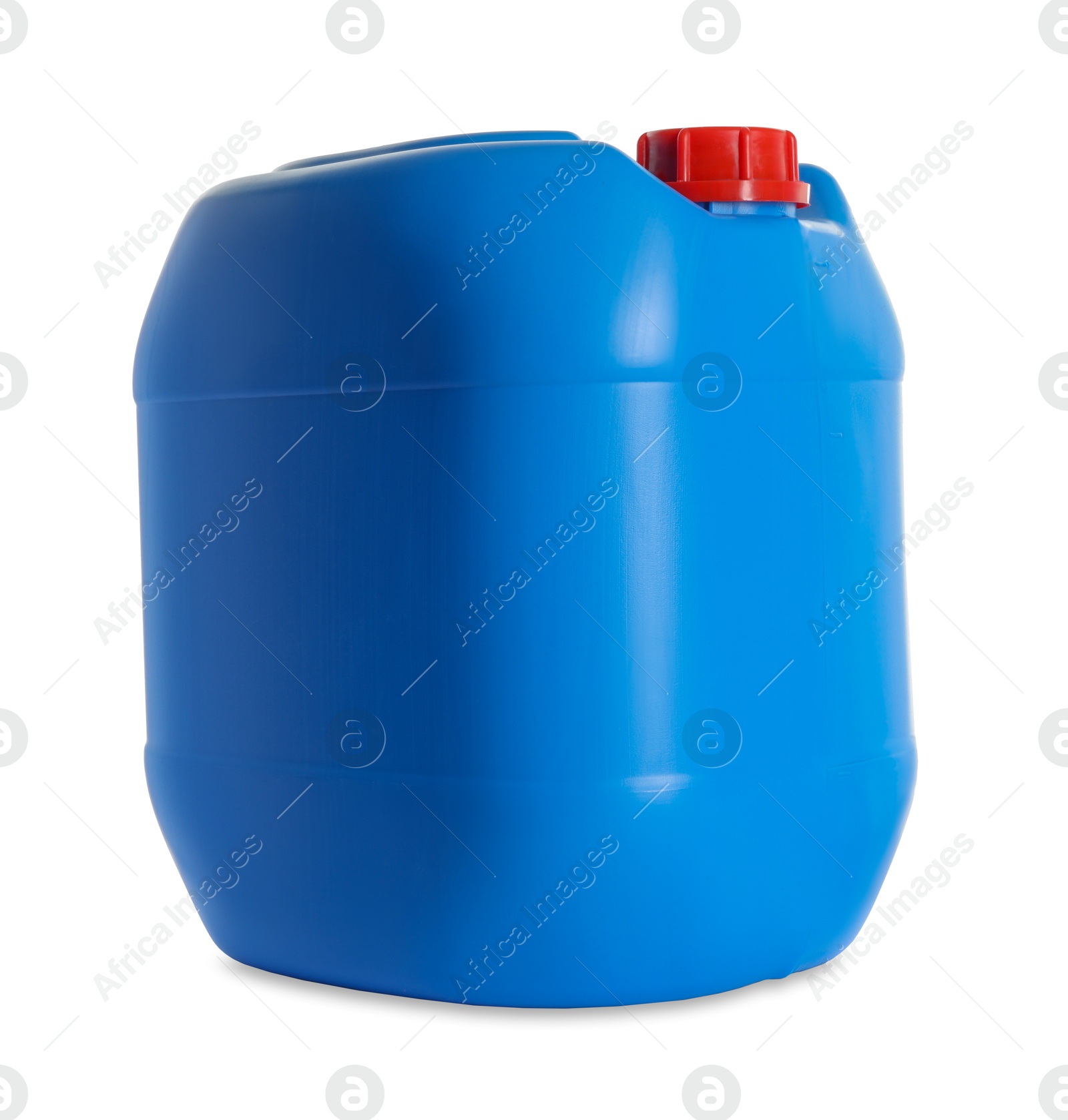 Photo of One blue plastic canister on white background