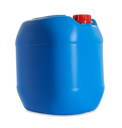 Photo of One blue plastic canister on white background