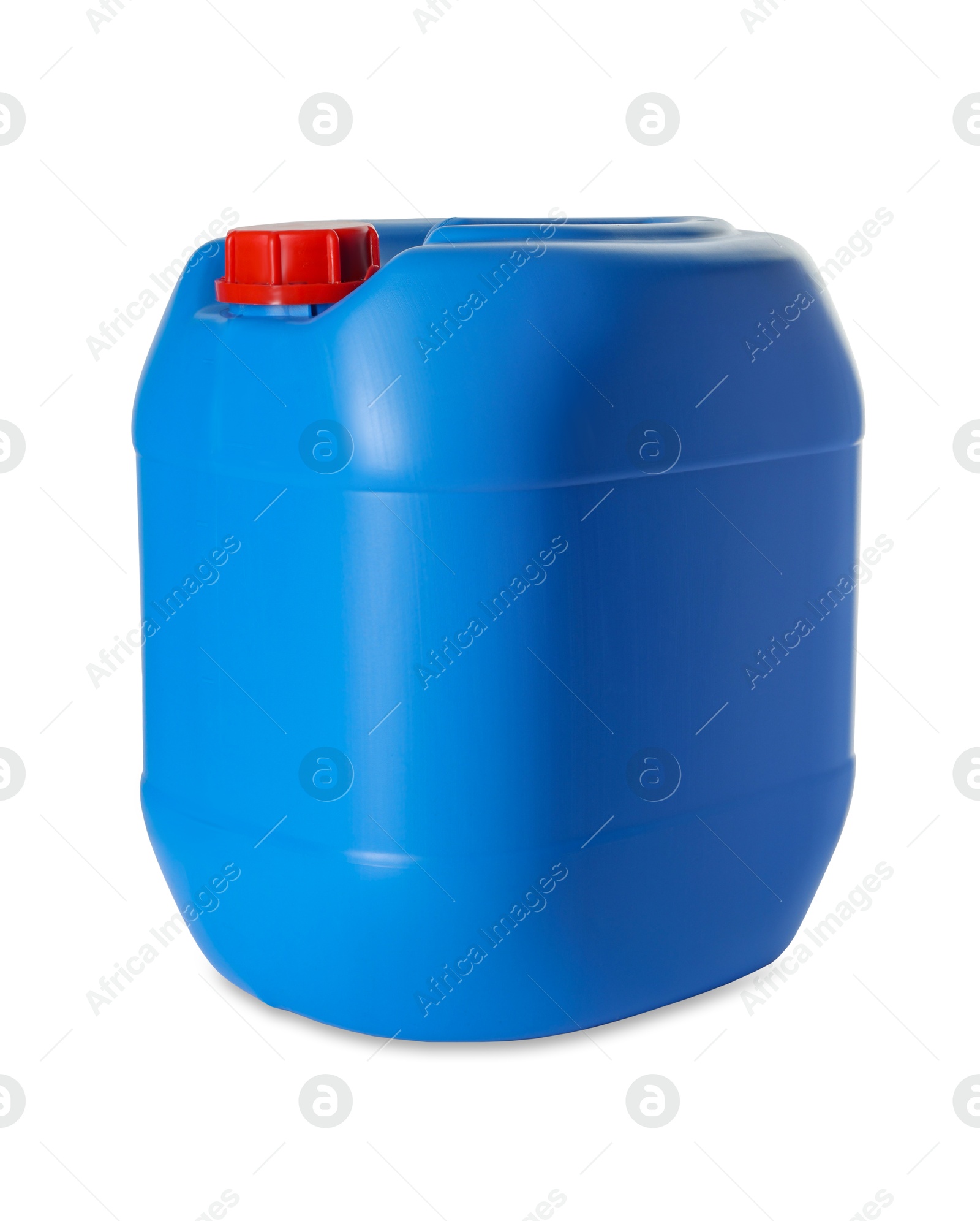 Photo of One blue plastic canister on white background