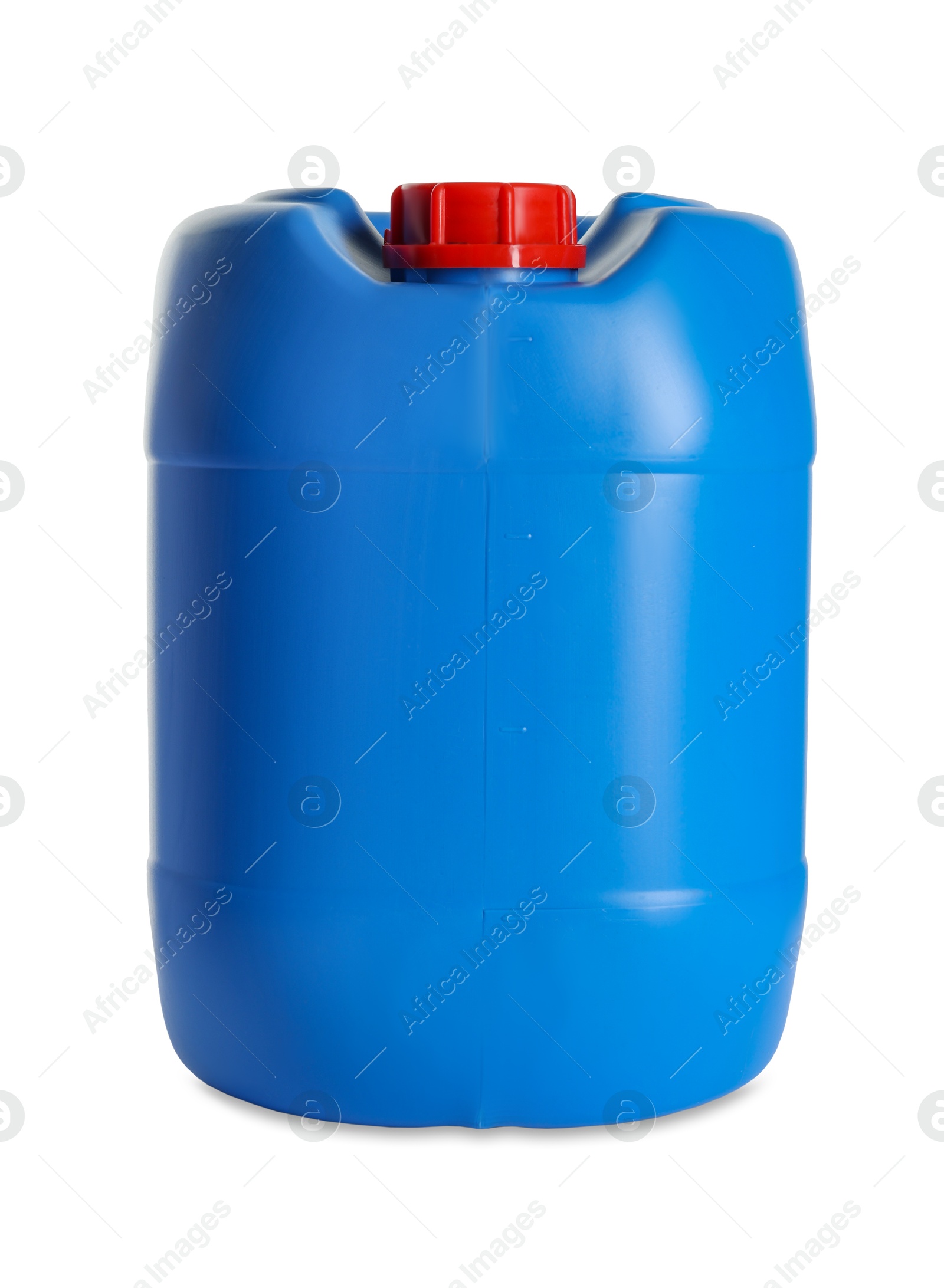 Photo of One blue plastic canister on white background