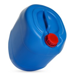 Photo of One blue plastic canister in air on white background